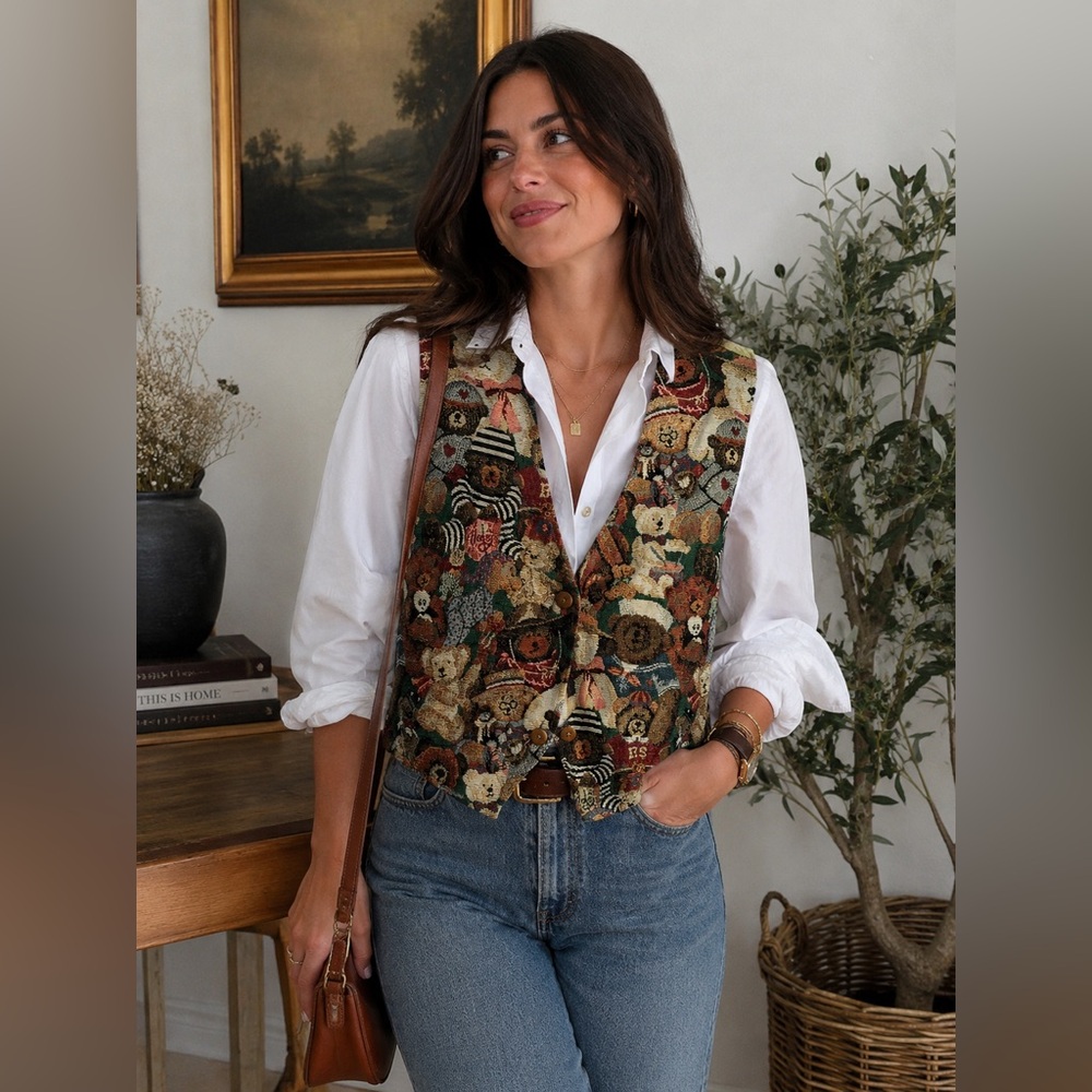 Vintage 90s Teddy Bear Tapestry Vest